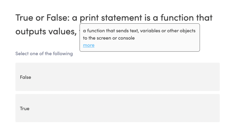 Additional information about the print function is displayed in a popover when the user hovers over the word print in the question.