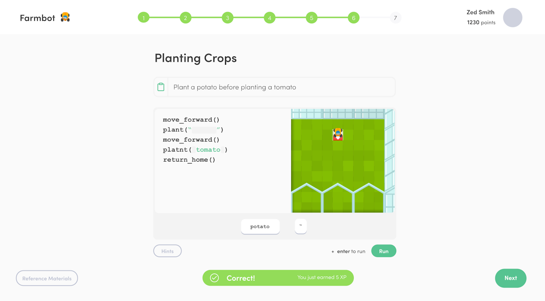 a standard turinglab topic slide showing a farming simulation controlled by code